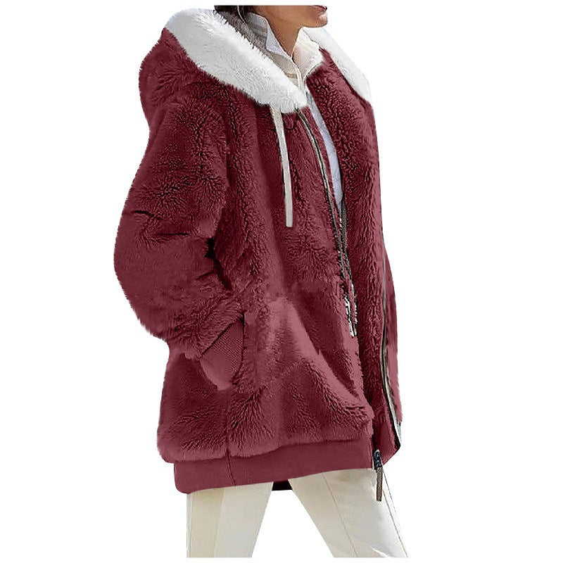 Sherpa Fleece Zip Hooded Winter Jacket - red