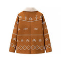 Embroidered Faux Suede Shearling Shawl Jacket - Brown
