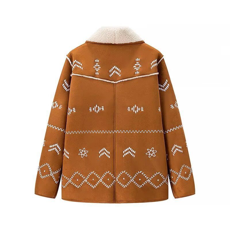 Embroidered Faux Suede Shearling Shawl Jacket - Brown