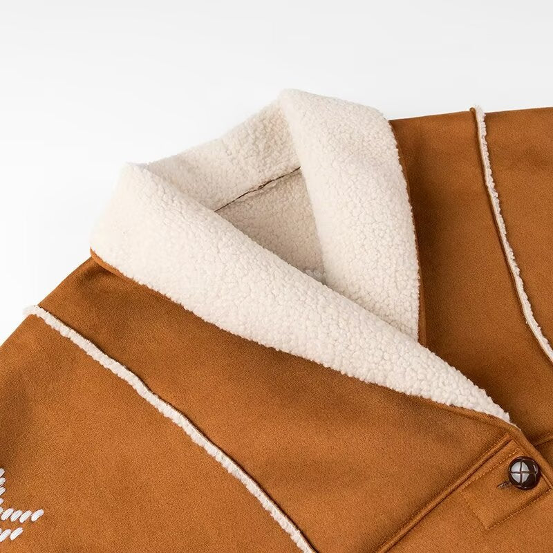 Embroidered Faux Suede Shearling Shawl Jacket - Brown - 1