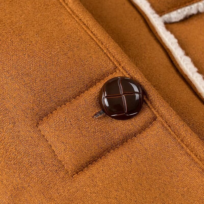 Embroidered Faux Suede Shearling Shawl Jacket - Brown - 3