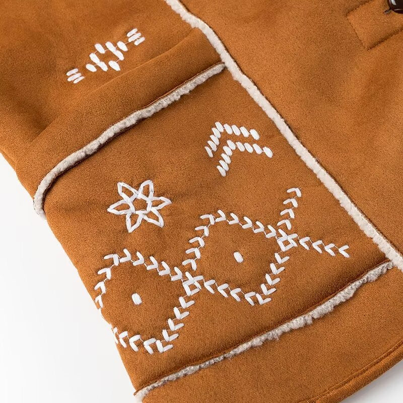 Embroidered Faux Suede Shearling Shawl Jacket - Brown - 4