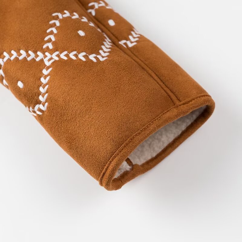 Embroidered Faux Suede Shearling Shawl Jacket - Brown - 5