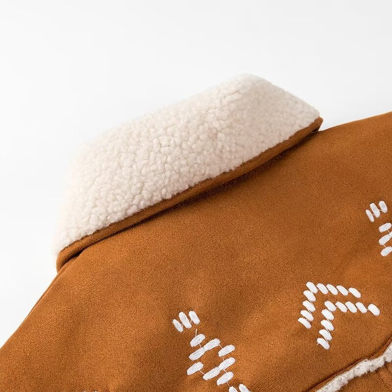 Embroidered Faux Suede Shearling Shawl Jacket - Brown - 6