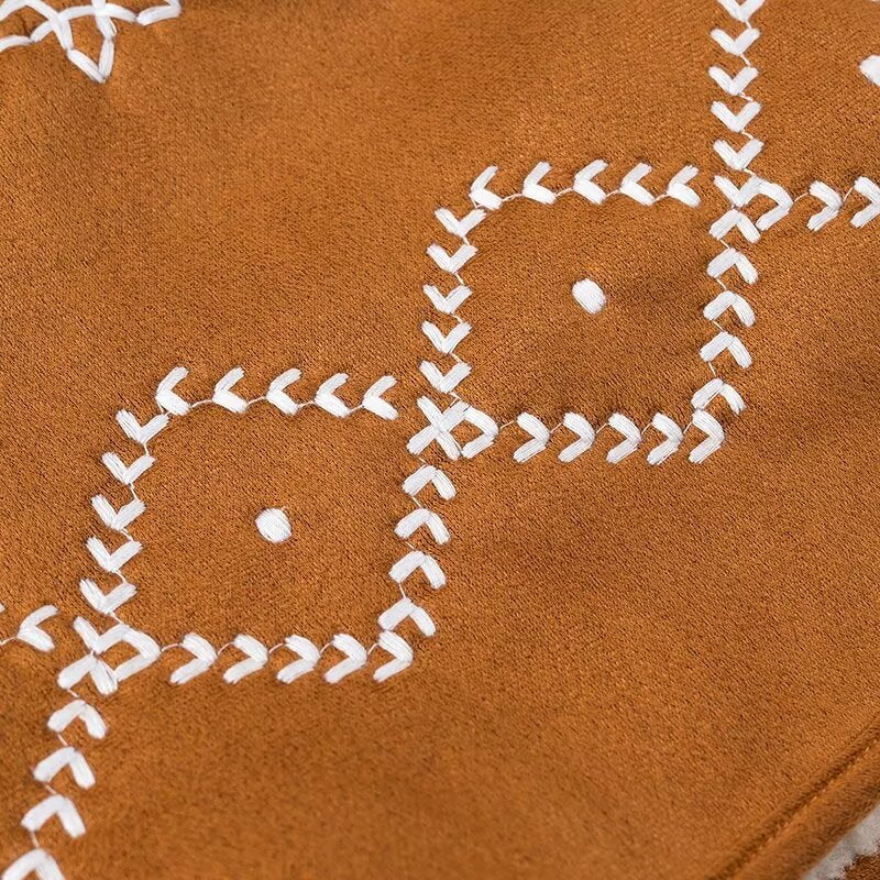 Embroidered Faux Suede Shearling Shawl Jacket - Brown - 7