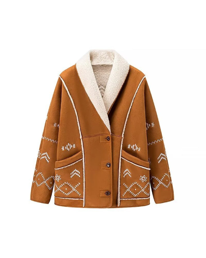 Embroidered Faux Suede Shearling Shawl Jacket