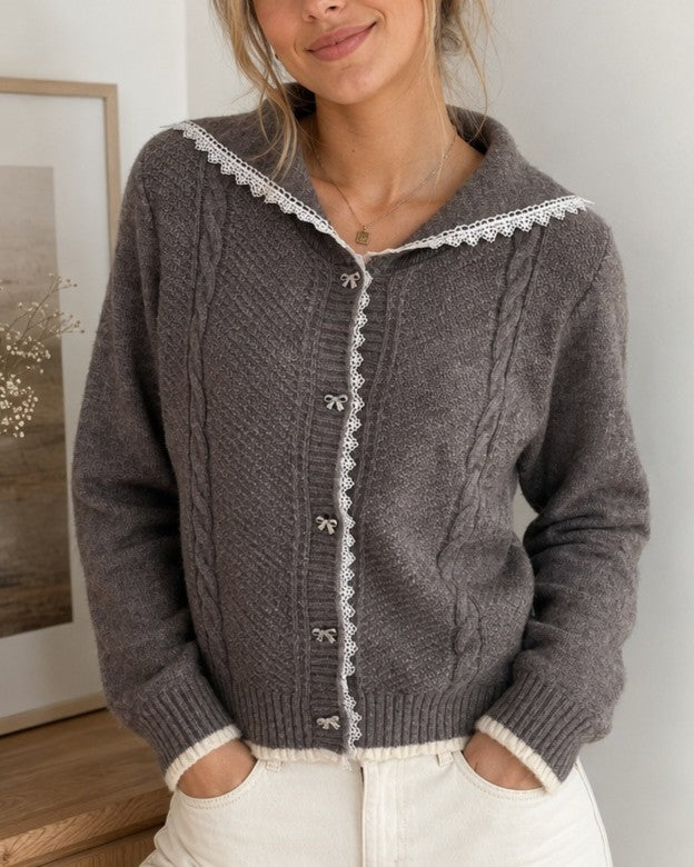 Sailor Collar Cable Knit Cardigan with Scallop Trim - Grey