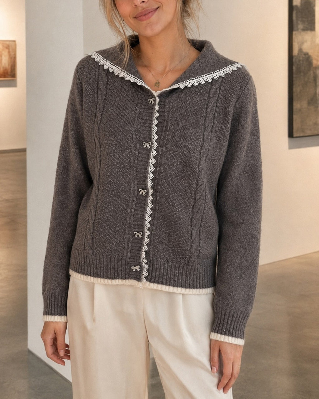 Sailor Collar Cable Knit Cardigan with Scallop Trim - Grey - 1