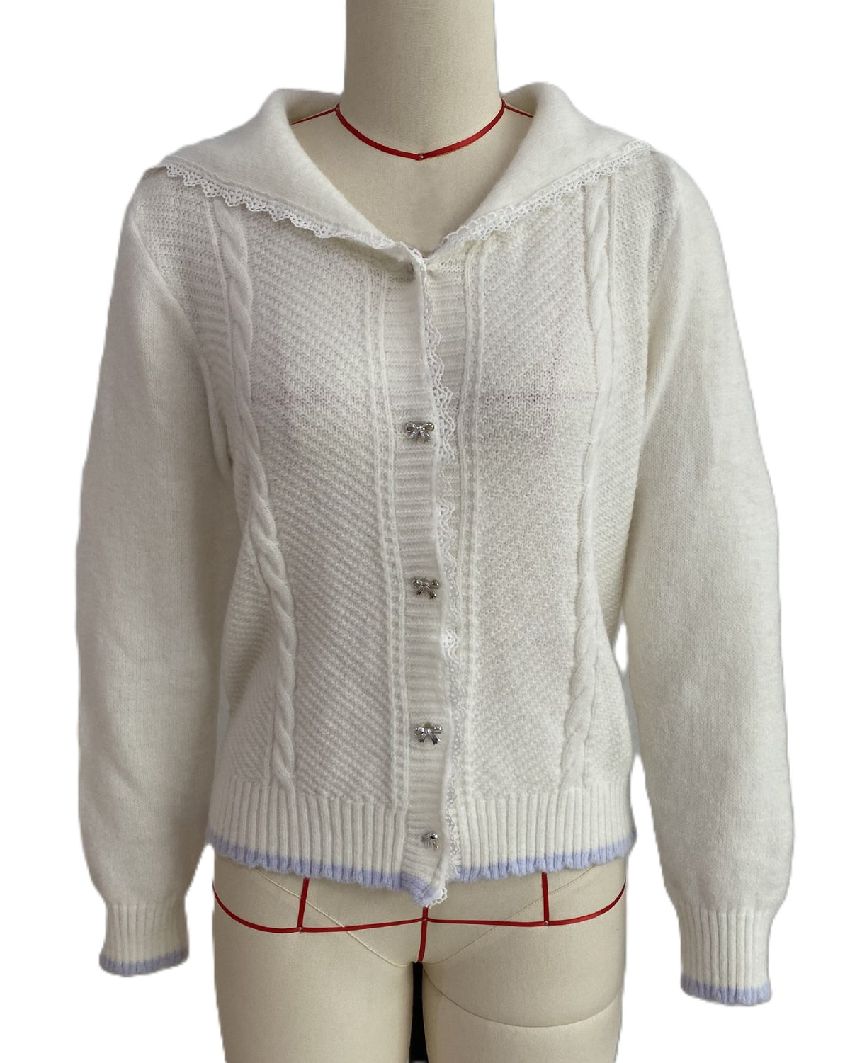 Sailor Collar Cable Knit Cardigan with Scallop Trim