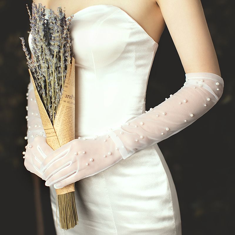 Pearl Beaded Sheer Bridal Opera Gloves - Pearl