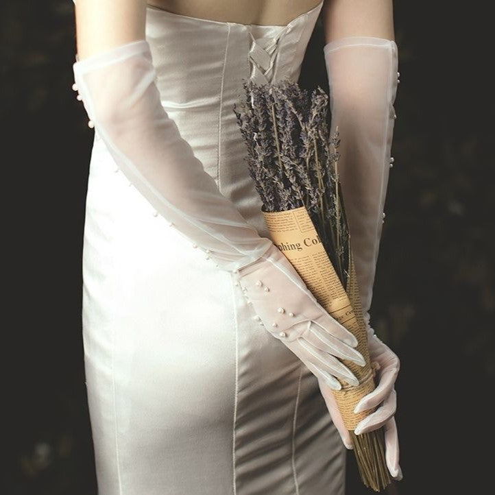 Pearl Beaded Sheer Bridal Opera Gloves - Pearl - 1