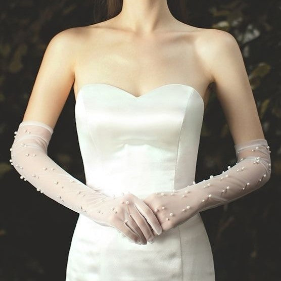 Pearl Beaded Sheer Bridal Opera Gloves - Pearl - 2