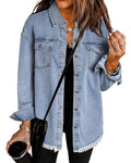 Longline Denim Jacket with Fringed Hem - Blue
