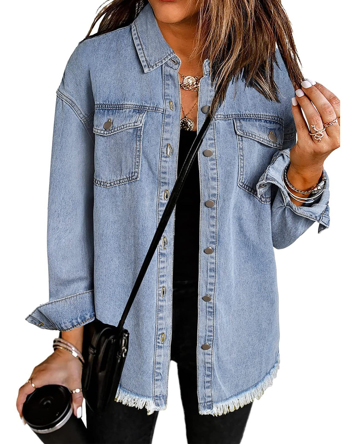 Longline Denim Jacket with Fringed Hem - Blue