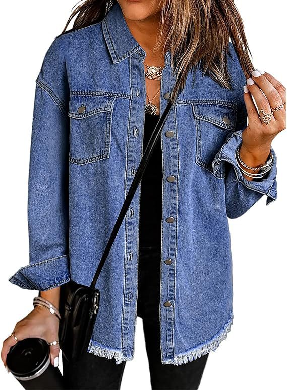 Longline Denim Jacket with Fringed Hem - DarkBlue