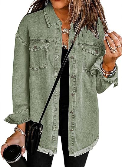Longline Denim Jacket with Fringed Hem - Green