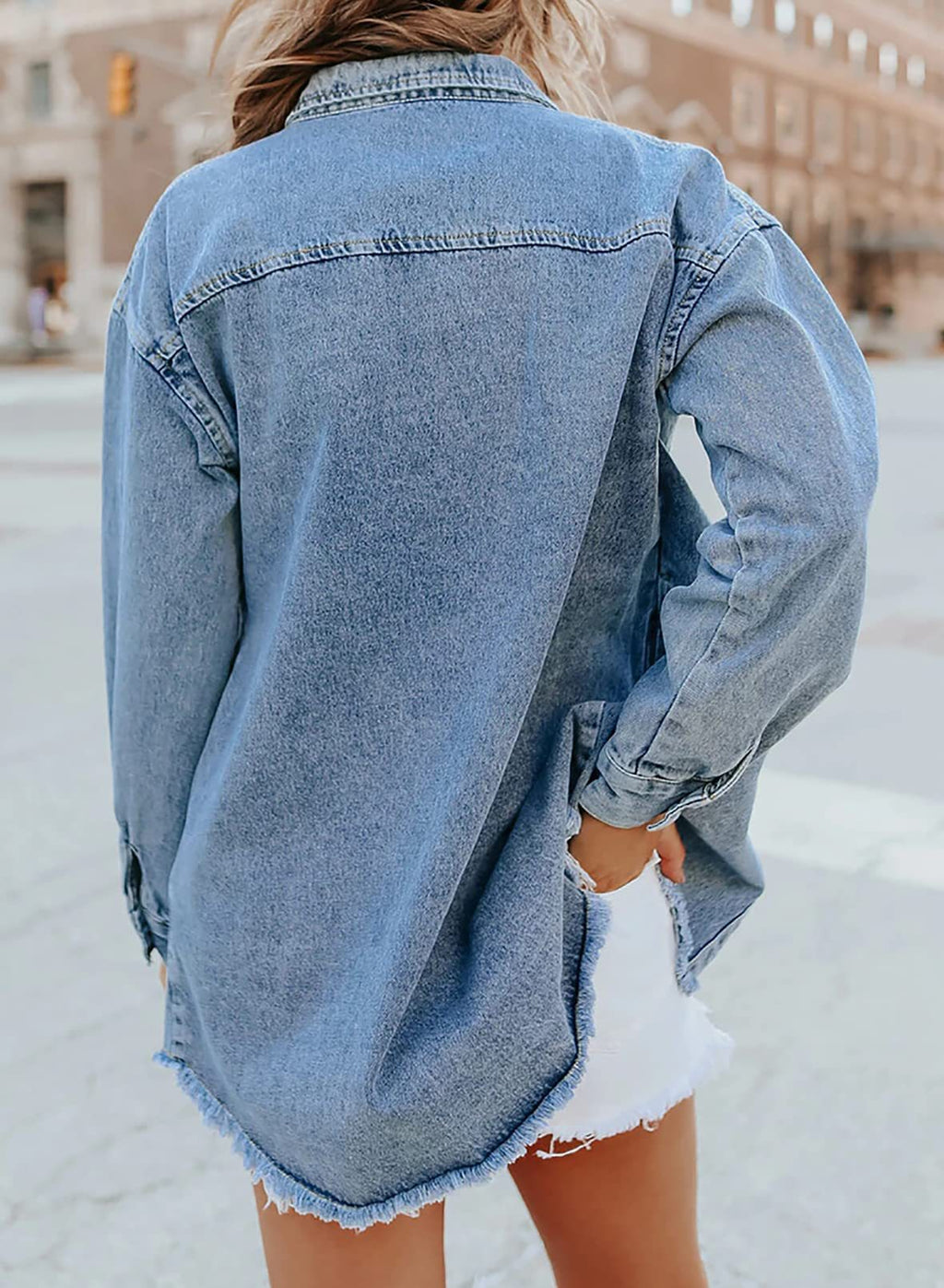 Longline Denim Jacket with Fringed Hem - view 1