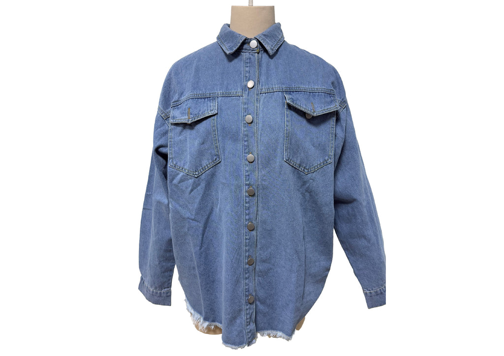 Longline Denim Jacket with Fringed Hem - view 2