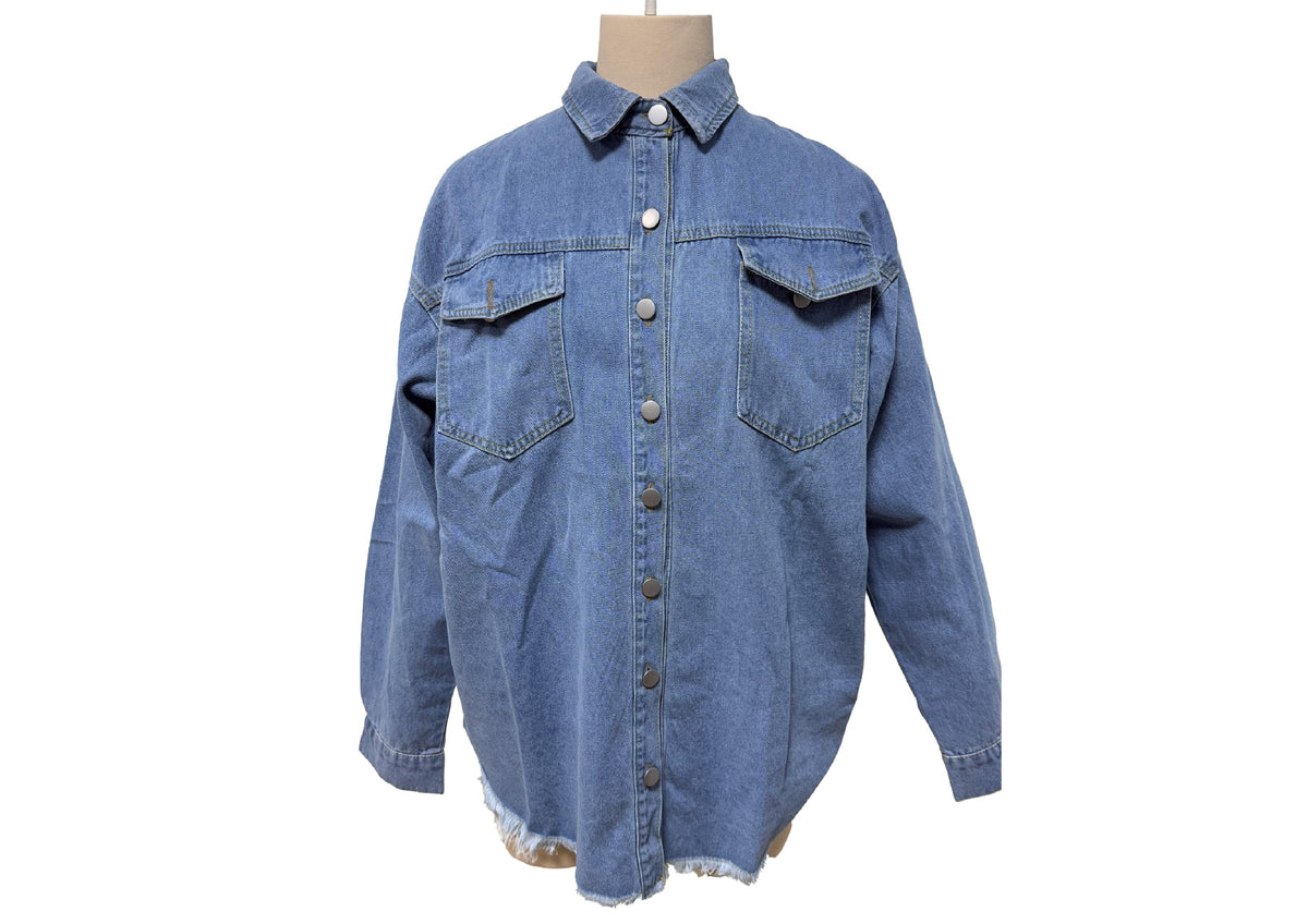 Longline Denim Jacket with Fringed Hem - view 2