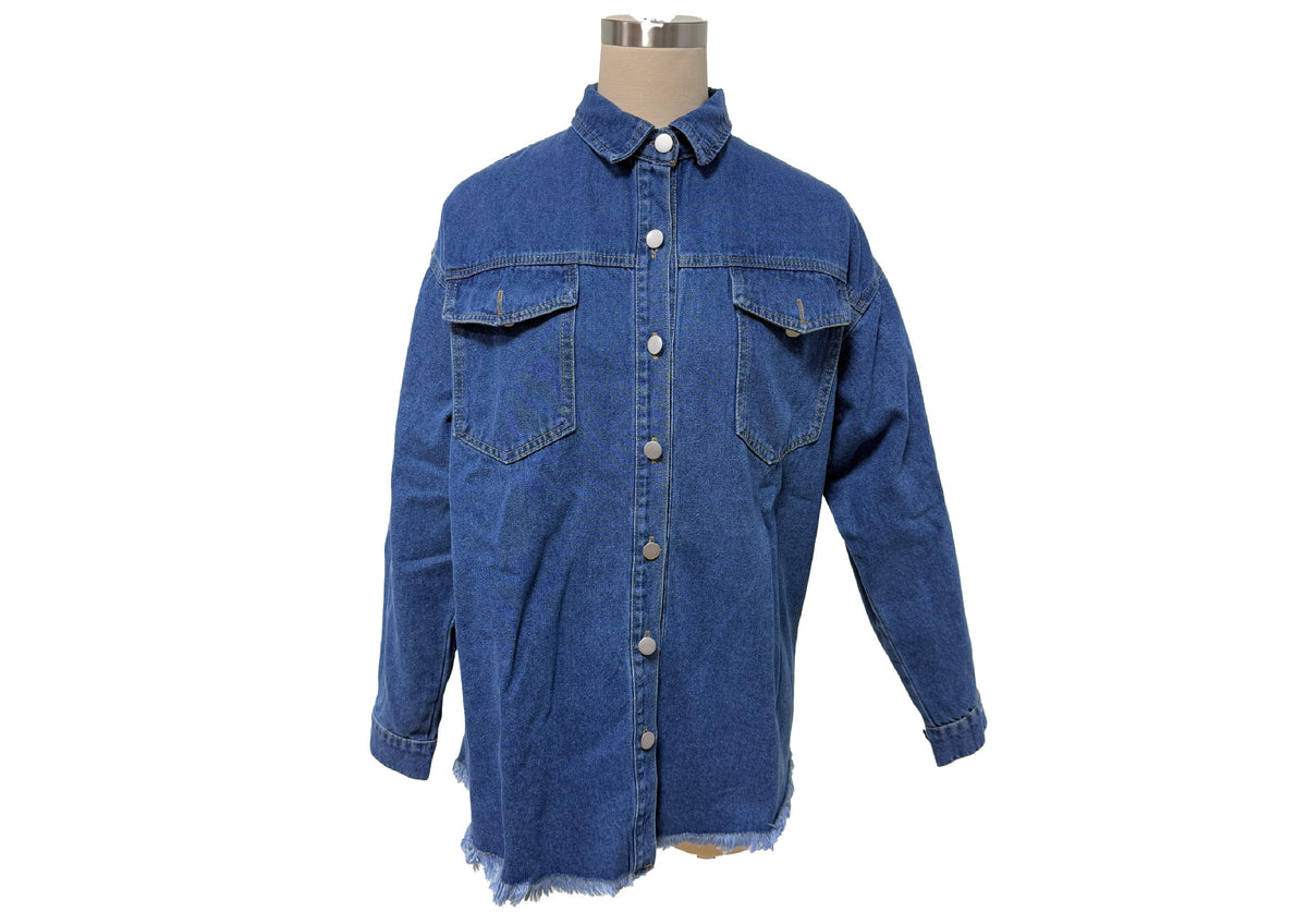 Longline Denim Jacket with Fringed Hem - view 4