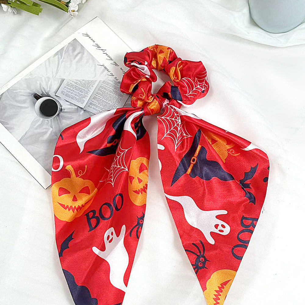 Halloween Ghost Print Scarf Bow Hair Tie - NO_1