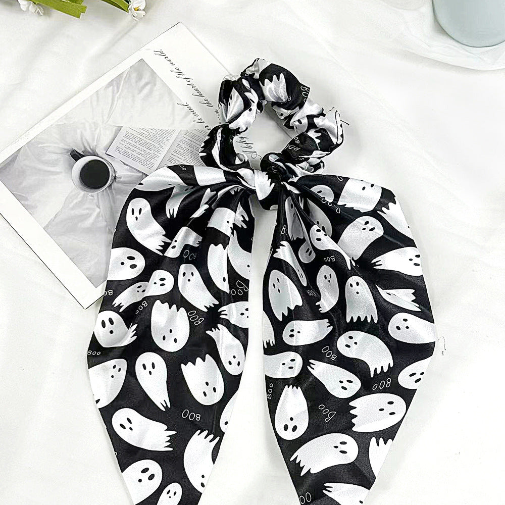 Halloween Ghost Print Scarf Bow Hair Tie - NO_2