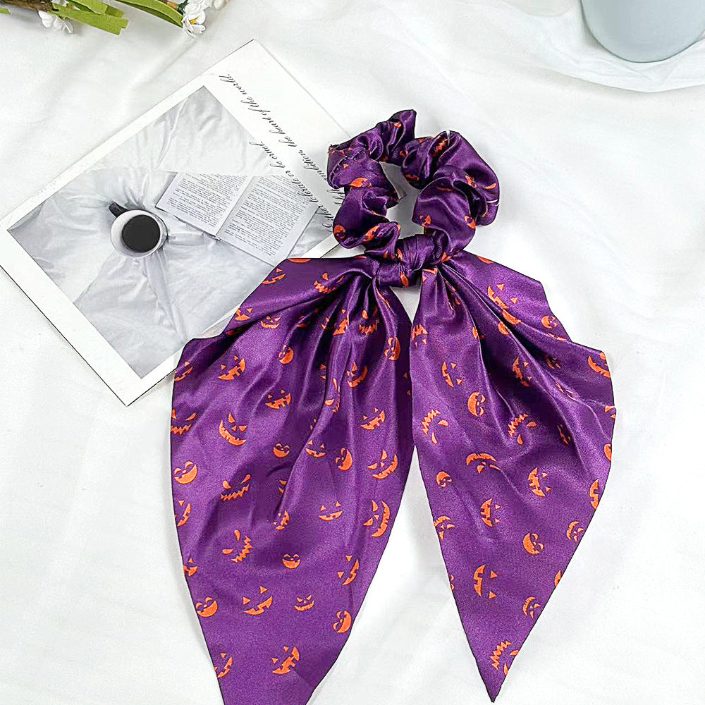 Halloween Ghost Print Scarf Bow Hair Tie - NO_3