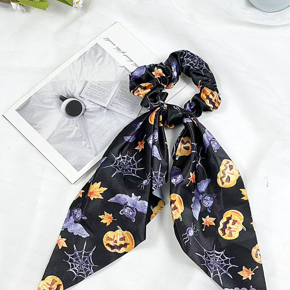 Halloween Ghost Print Scarf Bow Hair Tie - NO_4
