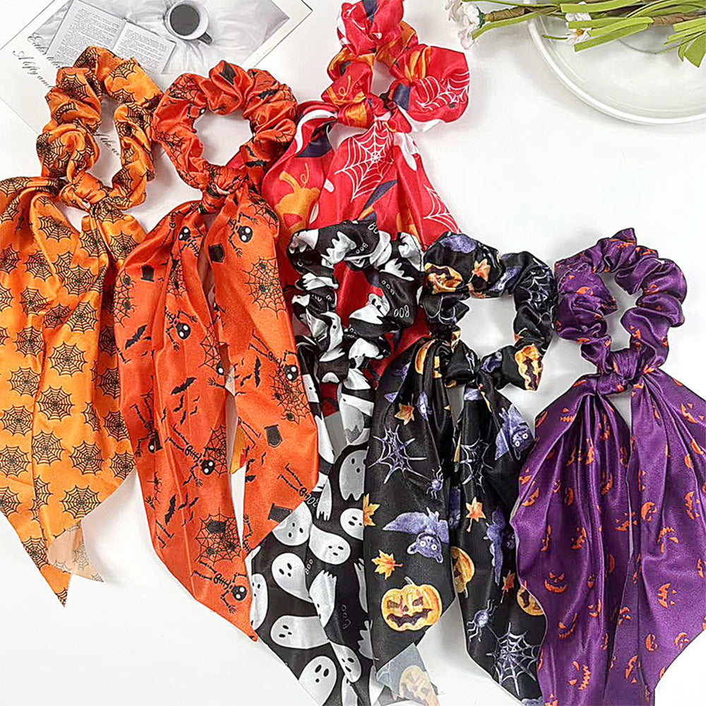 Halloween Ghost Print Scarf Bow Hair Tie