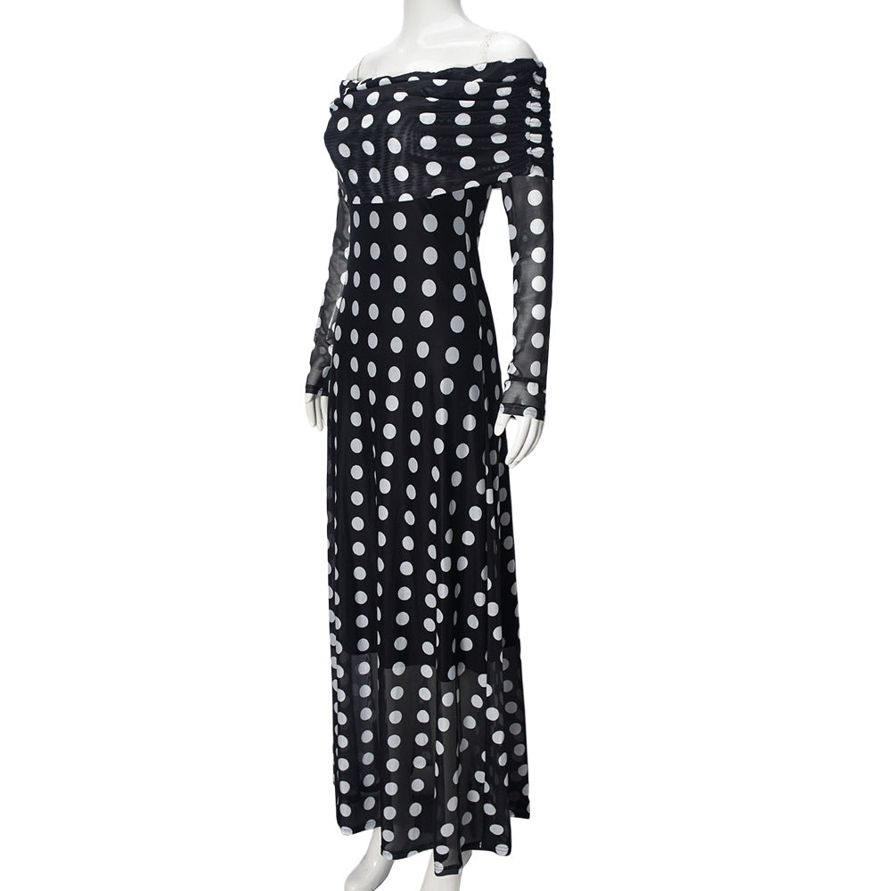 Polka Dot Mesh Off Shoulder Maxi Dress - Black