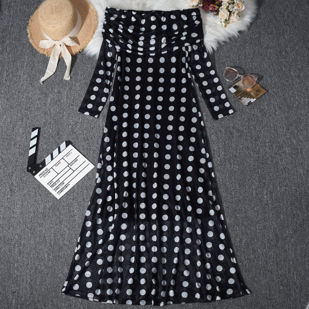 Polka Dot Mesh Off Shoulder Maxi Dress - Black - 1