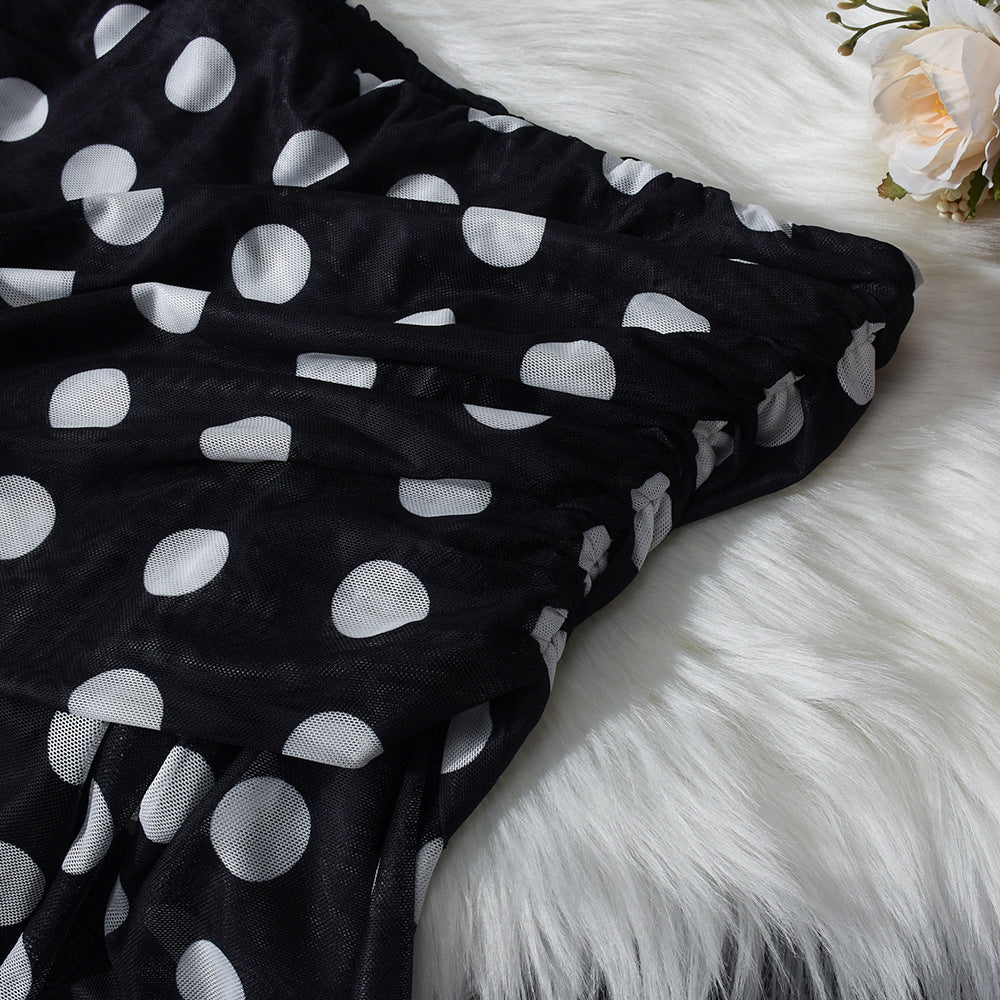 Polka Dot Mesh Off Shoulder Maxi Dress - Black - 2