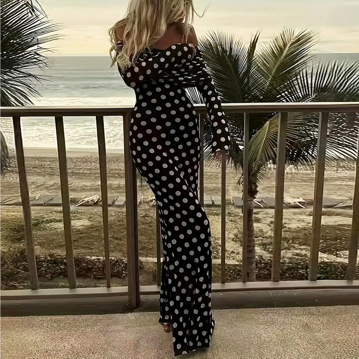 Polka Dot Mesh Off Shoulder Maxi Dress