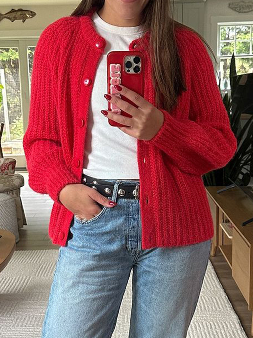 Chunky Ribbed Crew Neck Button Cardigan - Red