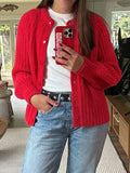 Chunky Ribbed Crew Neck Button Cardigan - Red