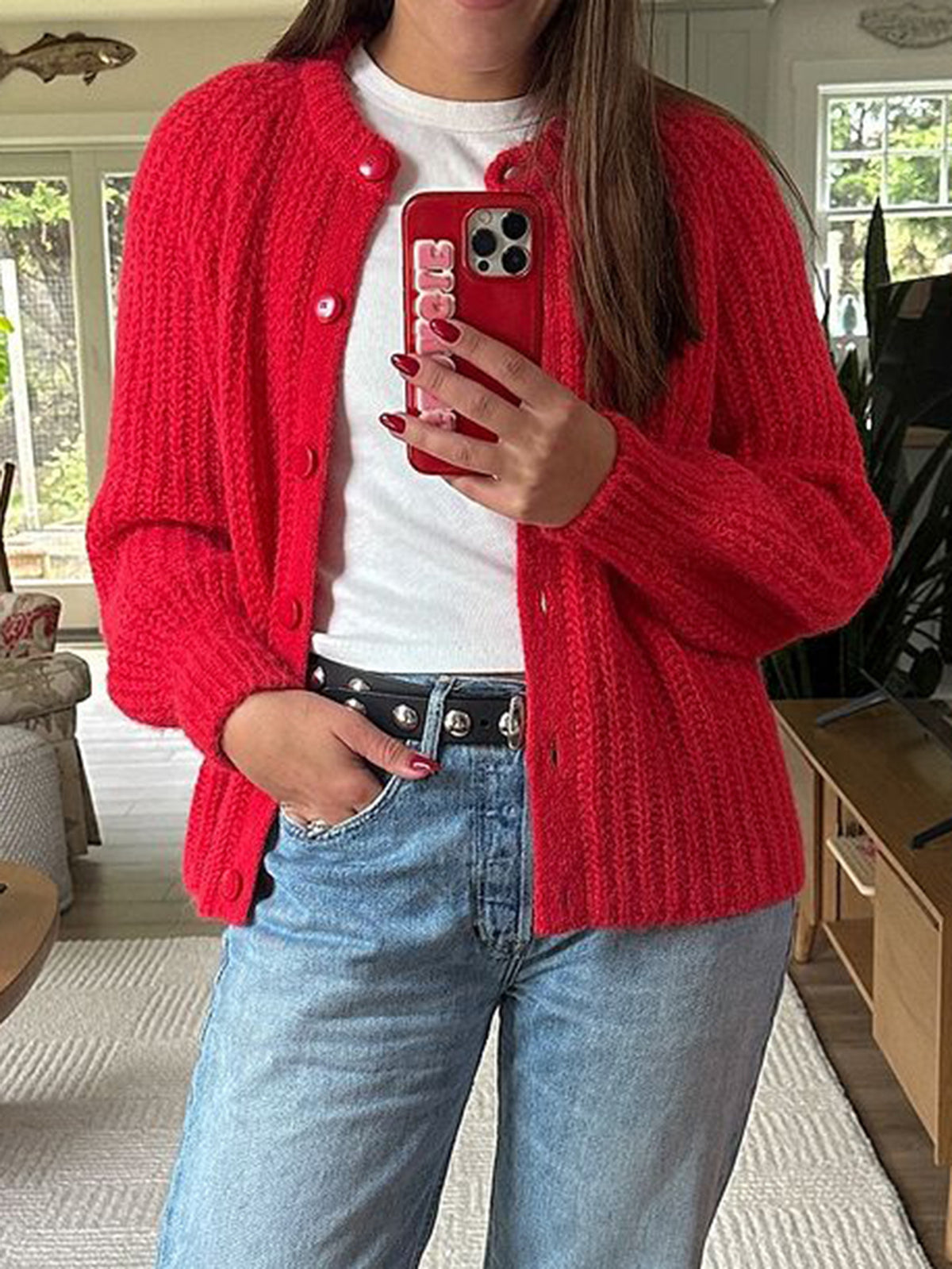 Chunky Ribbed Crew Neck Button Cardigan - Red