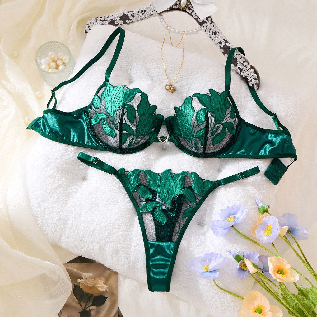Leaf Embroidered Satin Underwire Bra And Thong Set - Emerald
