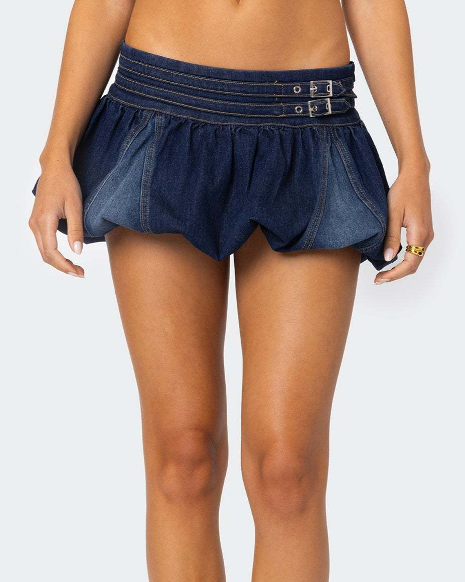 Low Rise Bubble Hem Denim Mini Skirt - Blue - 1