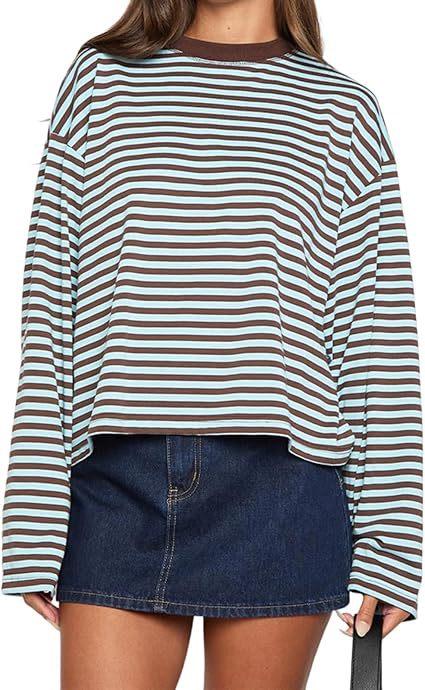Striped Oversized Long Sleeve Tee - Brown