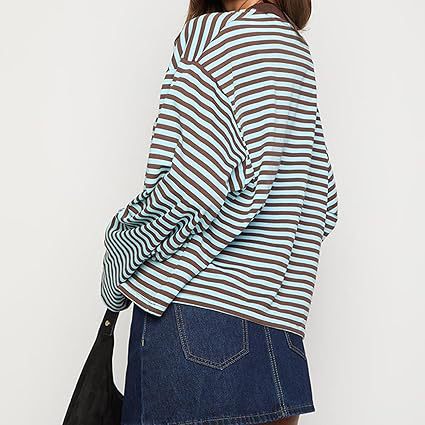 Striped Oversized Long Sleeve Tee - Brown - 1