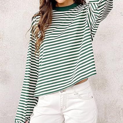 Striped Oversized Long Sleeve Tee - Green