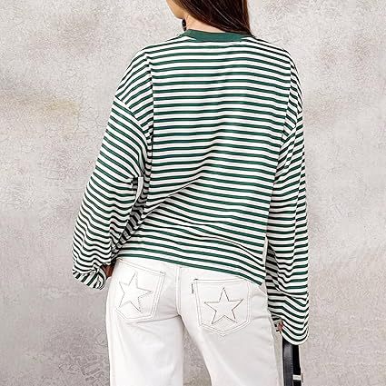 Striped Oversized Long Sleeve Tee - Green - 1