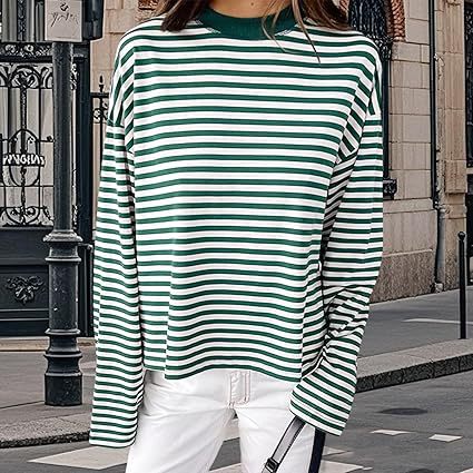 Striped Oversized Long Sleeve Tee - Green - 2
