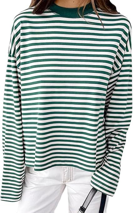 Striped Oversized Long Sleeve Tee - Green - 3
