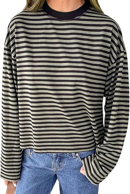 Striped Oversized Long Sleeve Tee - Grey