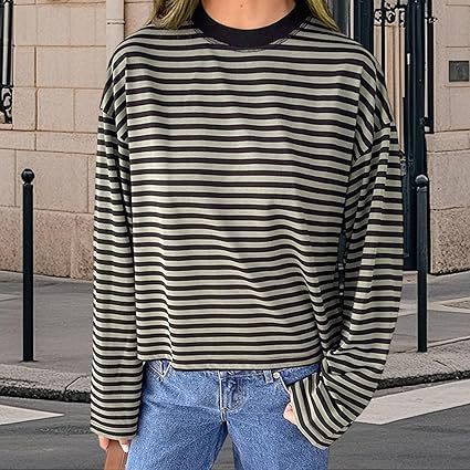 Striped Oversized Long Sleeve Tee - Grey - 1