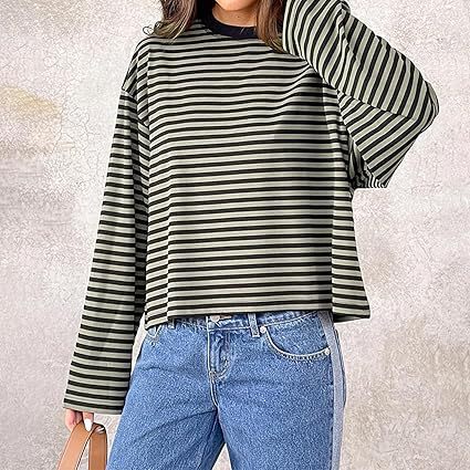 Striped Oversized Long Sleeve Tee - Grey - 2