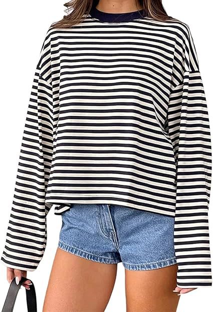 Striped Oversized Long Sleeve Tee - Navy
