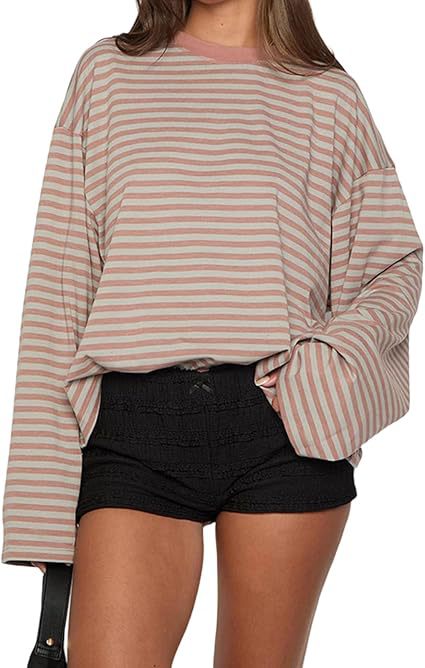 Striped Oversized Long Sleeve Tee - Pink
