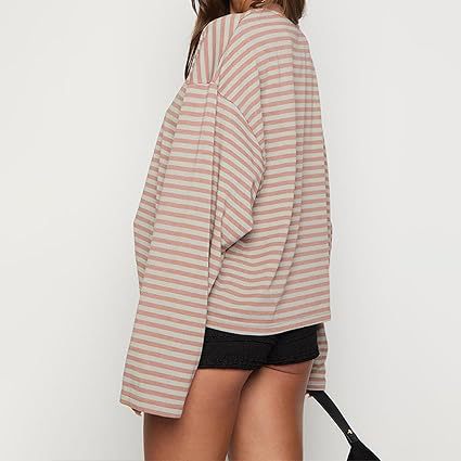 Striped Oversized Long Sleeve Tee - Pink - 2